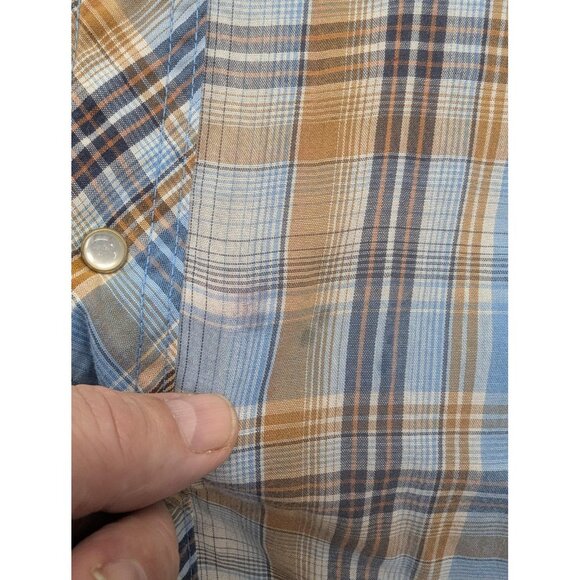 Wrangler Shirt Mens 2XL Blue Brown Plaid Western Pearl Snap Short Sleeve Cowboy - Picture 3 of 8